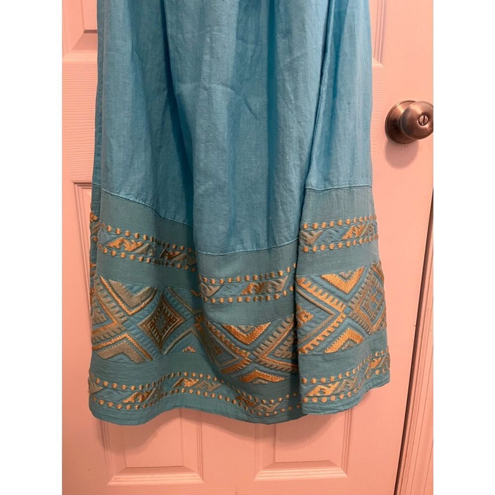✨ Haris Cotton Linen Skirt L Turquoise Gold Embroidered Greece Boho - Picture 5 of 9